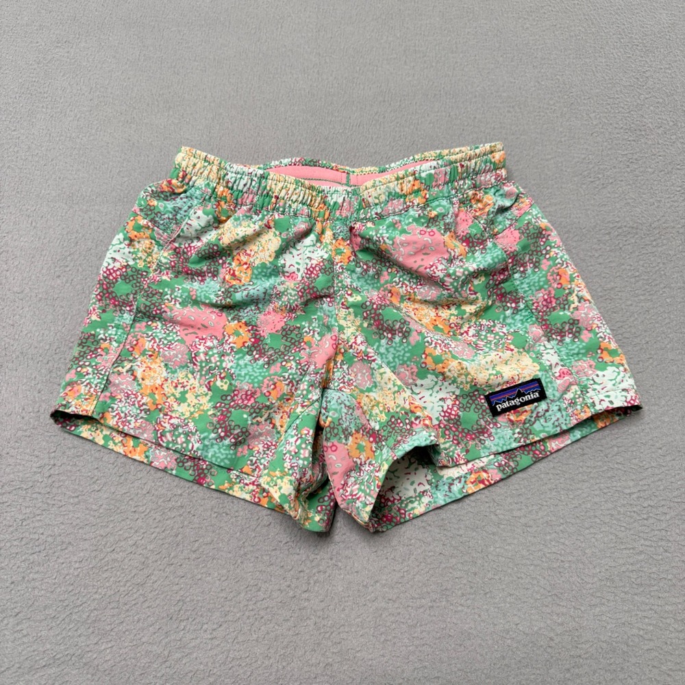 Patagonia Baggies Shorts Girls S Green Pink Floral Recycled Nylon Swim Trunks
